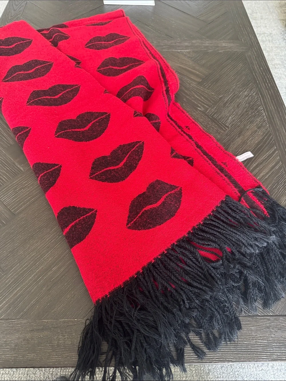 Victoria’s Secret Lip Print Throw Blanket | Red Black Fringe Cozy Plush Throw